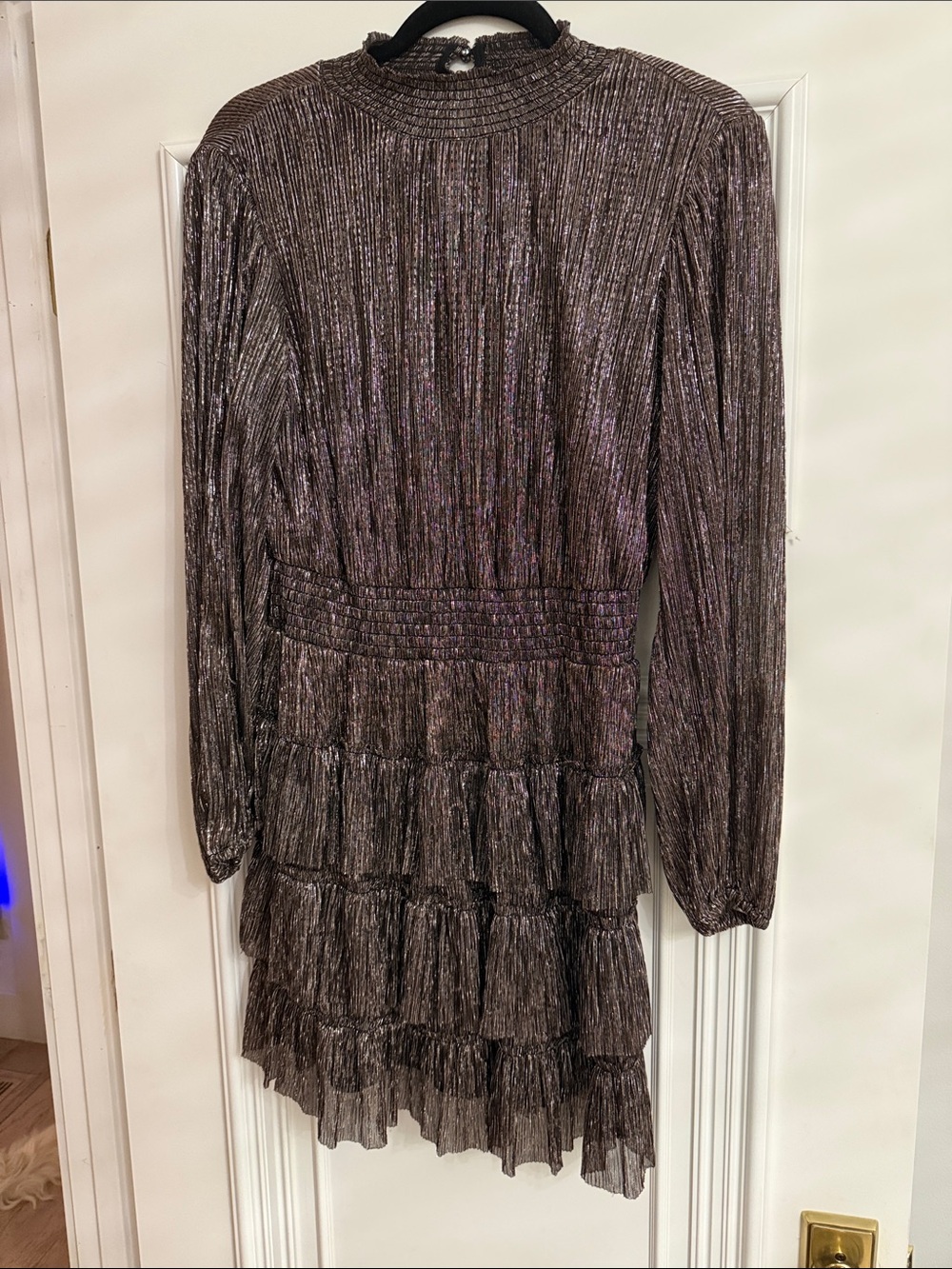 1. State Metallic Black Pleated Long-Sleeve Tiered Dress
